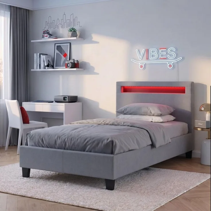 CARO-Möbel Polsterbett Himalaya mit LED Beleuchtung Einzelbett Jugendbett 90x200 cm mit Lattenrahmen, in grau Stoffbezug