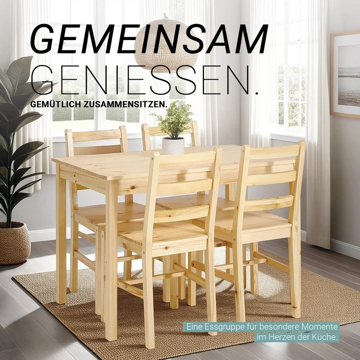 Esstisch mit 4 Stühlen Set Essgruppe Holz Kiefer Natur Esszimmertisch 108x65 cm Küchenstühle Massiv Landhausstil – Bild 5
