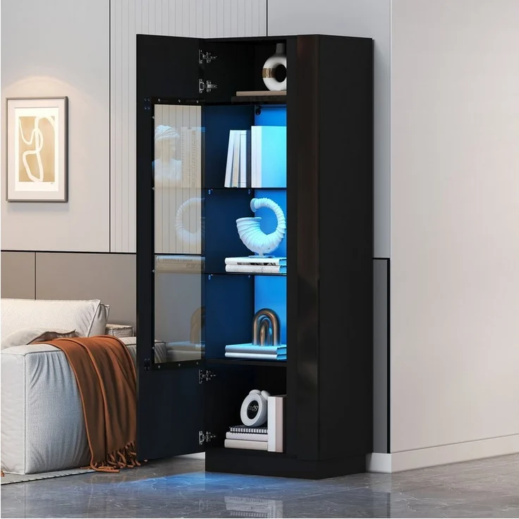 Merax Standvitrine Hochglanz Vitrine mit LED und App-Steuerung (Standregal Schrank Vitrinenschrank, 1-St, 60 x 40 x 180 cm) Hochschrank Vitrinenschrank mit it Acryl-Schranktür & Glasböden – Bild 2