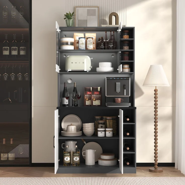 100x47x187cm, Küchenschrank, Buffet mit LED-Ambiente-Beleuchtung und Kabellöchern, Küchen-Highboard aus Holz, großer Platz für Mikrowelle, freistehend, höhenverstellbare seitliche Ablagefächer--Weiß + Grau--100x47x187cm--YOUDENOVA – Bild 10