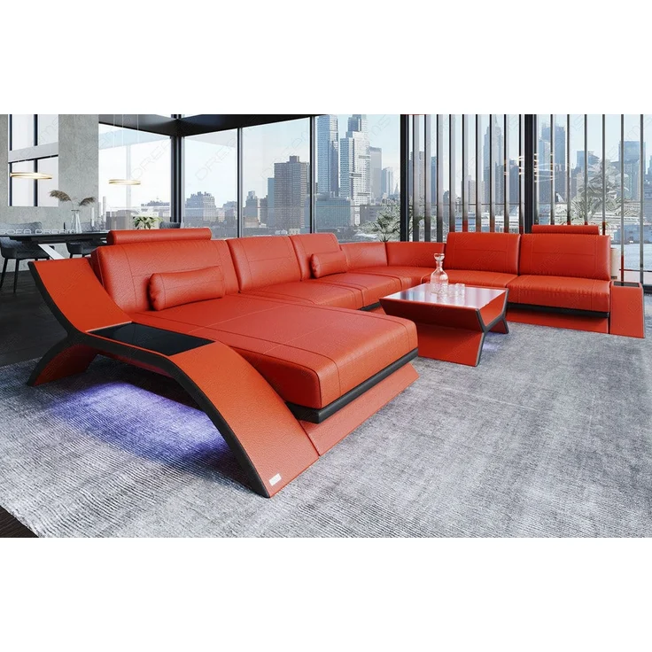 Sofa Dreams - XXL Wohnlandschaft Calabria – Leder Luxus - Ledermix - orange-schwarz - Links – Bild 4
