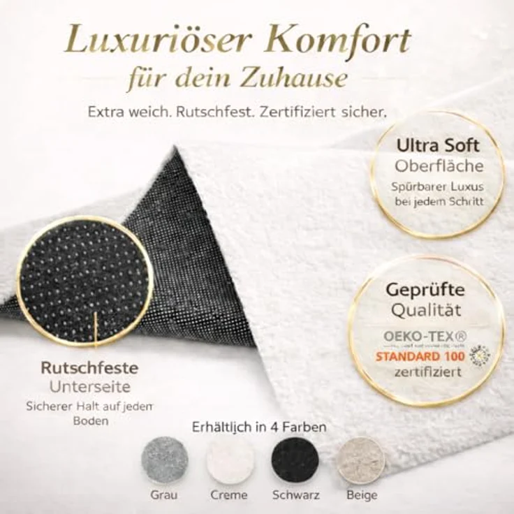 VIMODA Teppich Wohnzimmer Schlafzimmer Flauschig, kurzflorig – waschbar und Fußbodenheizung geeignet,Farbe:Creme;Maße:Ø 80 cm Rund – Bild 7