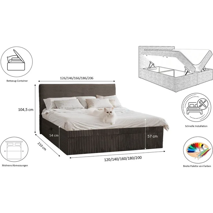 Kaiser Möbel Boxspringbett mit bettkasten und topper TRENTO, ohne Bein stoff Plüsch Cord, Matratze und Topper, Mehrere Größen, Viele Farben, Bettkasten