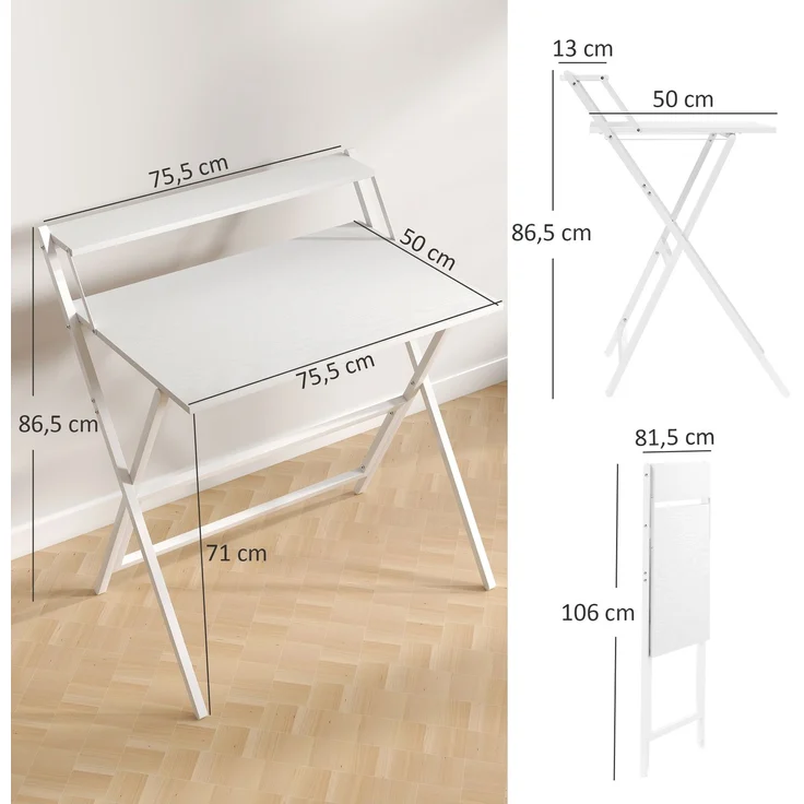 Klappschreibtisch 75,5 x 50 cm mit Ablagefach für Schlafzimmer, kleine Räume, weiß – Bild 5