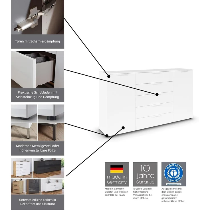 Rauch Möbel Flipp, Kombikommode, Kommode mit Stauraum für Wohnzimmer, Schlafzimmer, Flur, 4 Fachböden, Eiche Artisan/Glasfront Weiß, 3-türig, Glastüren, 5 Schubkästen, Griffe chrom, 199 x 100 x 42 cm – Bild 5