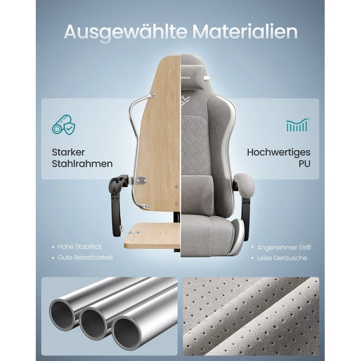 SONGMICS Gaming-Stuhl, Bürostuhl, Schreibtischstuhl, ergonomischer Gaming-Sessel, Sitzkissen mit Federn, Fußstütze, Armlehnen mit Synchronmechanik, taubengrau – Bild 4