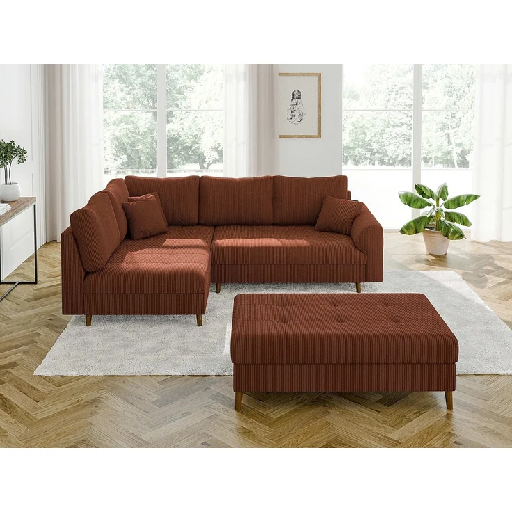 S-Style Möbel Ecksofa und Hocker Zara mit Schlaffunktion und Braun Holzfüßen aus Cord-Stoff, Ottomane links oder rechts bestellbar. Schlaffunktion in Kombination mit Hocker möglich, mit Wellenfederung – Bild 2