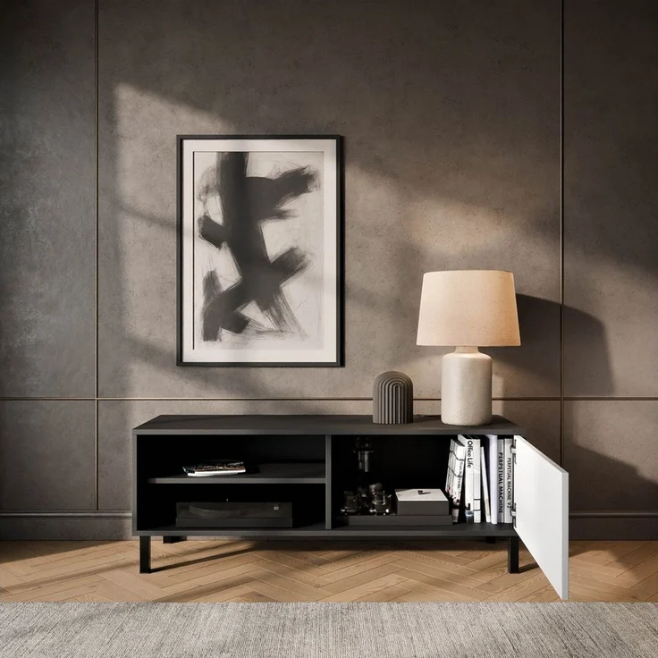 Planetmöbel TV-Schrank Liora TV Board, Lowboard 120 cm lang, TV Kommode (für Fernseher bis 50 Zoll, Fernsehtisch für Wohnzimmer, viel Stauraum) Fernsehschrank mit zwei offenen Fächern – Bild 3