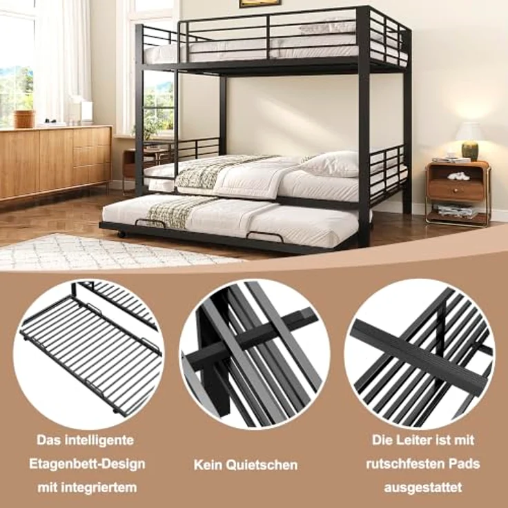 FAVSH Etagenbett 140x200 cm für 3 Personen aus Metall, Hochbett mit Rausfallschutz und Leiter, Geräuscharmes Doppelbett, rutschfest, für Jugendliche und Erwachsene, WG & Ferienwohnung, Schwarz B – Bild 4