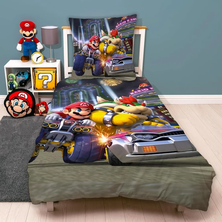 Nintendo Super Mario Kart Bettwäsche für Jungen Kinderbettwäsche 135x200 80x80 cm aus 100% Baumwolle Motiv Bump mit Bowser – Bild 1
