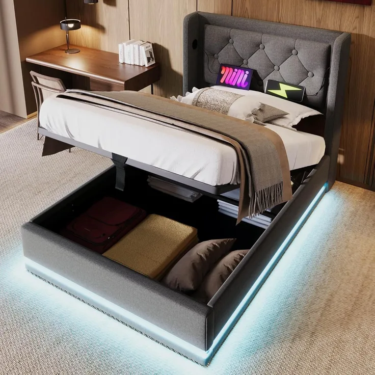 Ball & Cast Polsterbett Einfachbett (90x200 cm) - Mit USB-Anschlüssen & Lichtleiste, Hydraulisches Stauraumbett mit Lattenrost, Einfache Montage, Grau, Ohne Matratze