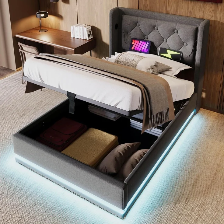 Ball & Cast Polsterbett Einfachbett (90x200 cm) - Mit USB-Anschlüssen & Lichtleiste, Hydraulisches Stauraumbett mit Lattenrost, Einfache Montage, Grau, Ohne Matratze