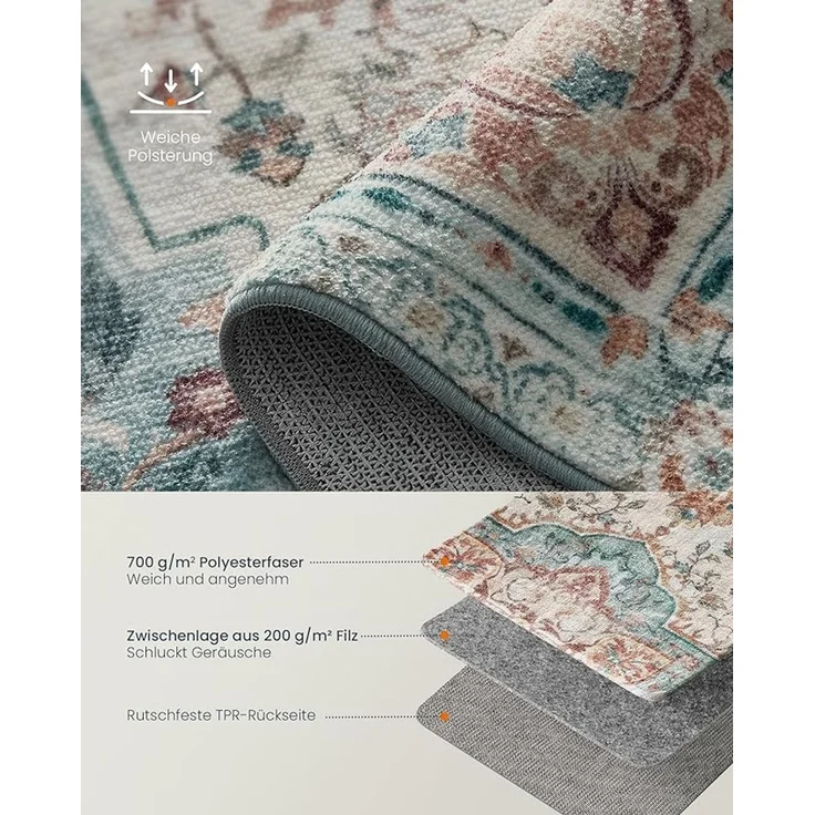 Songmics HOME Teppich, 120x170 cm, Wohnzimmerteppich, Rutschfester Teppich, traditioneller Vintage-Stil, für Wohnzimmer, Küche, Flur, Esszimmer, maschinenwaschbar,Aquamarinblau – Bild 3