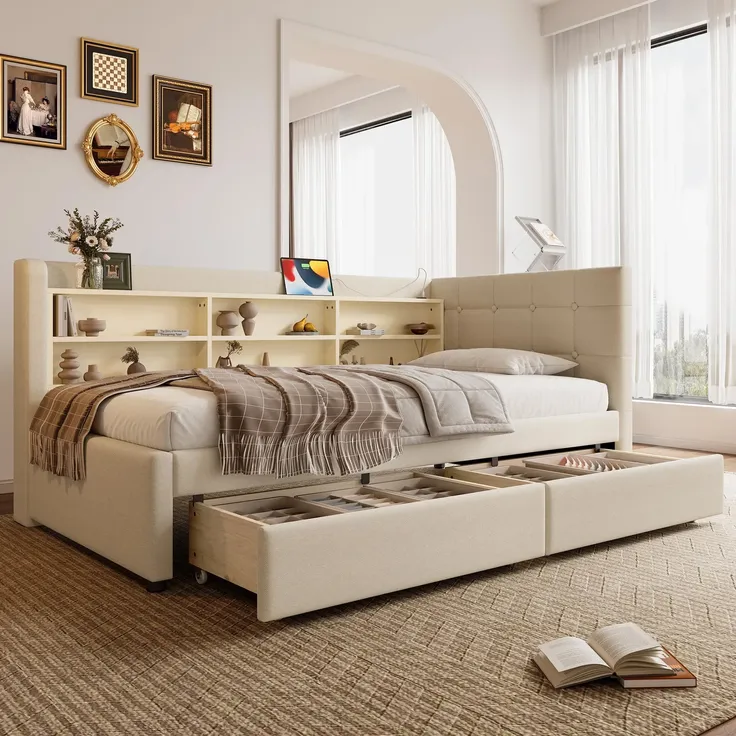 Stauraumbett mit Schubladen, Lattenrost, Regal, USB und Type-C Anschluss, 90x200 cm, Einzelbett, Polsterbett, Leinen
