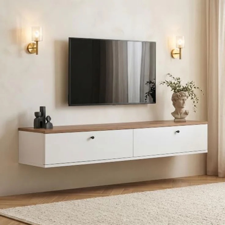 Hanah Home Stilvoller TV-Ständer, Kiefernholz & Weiß, 160 x 25 x 25 cm | Robuste, melaminbeschichtete Spanplatte, inklusive Wandhalterung | Modernes Design, Tragkraft 35 kg – Bild 2
