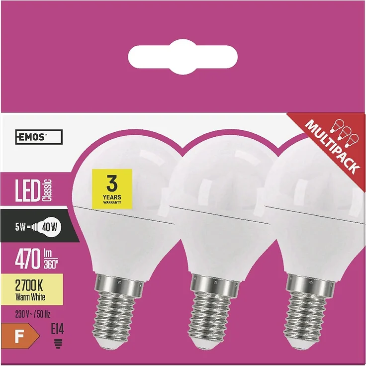 EMOS LED-Lampe 5W, ersetzt 40W Glühbirne, E14-Sockel, 470lm, Warmweiß – 2700K, Mini Globe G45, 30000 Stunden Lebensdauer, 3er Pack