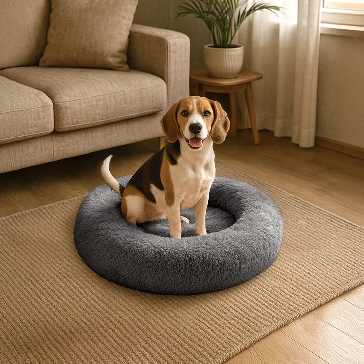 belviona Donut-Hundebett, kuscheliges Plüschbett mit weicher Füllung, sicherem Halt & ergonomischem Rand, 80 cm Durchmesser, anthrazit – Bild 1