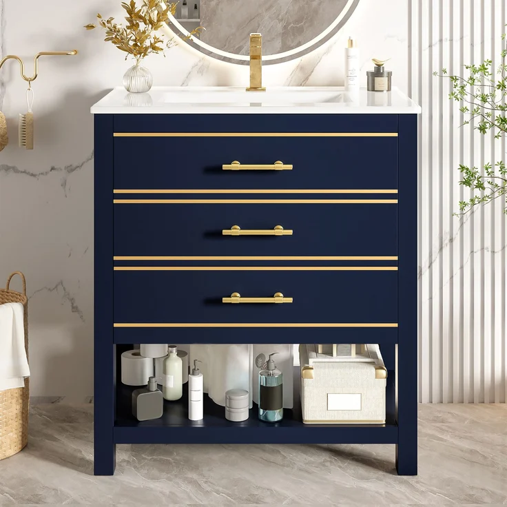 Waschtisch-Unterschrank 76 cm Schwarzblau mit Keramikbecken 2 Schubladen gold handhaben – Bild 1