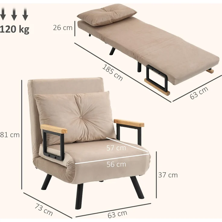 HOMCOM Relaxsessel mit Bettfunktion, Polstersofa mit verstellbarer Rückenlehne, Gästebett, Beige, 63 x 73 x 81 cm – Bild 3