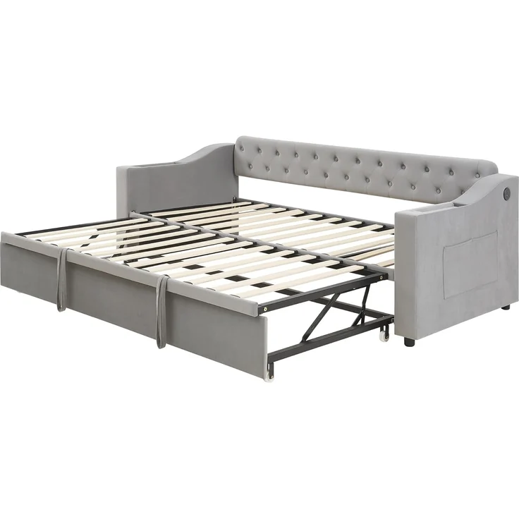 Ball & Cast Polsterbett Schlafsofa, 90/180 * 190 cm, Breitere und Dickere Armlehnen mit USB-Ladeanschluss, Integrierte Ablage in den Armlehnen, Mit Ablagetaschen, Mit Lattenrost, Samtstoff, Grau – Bild 8