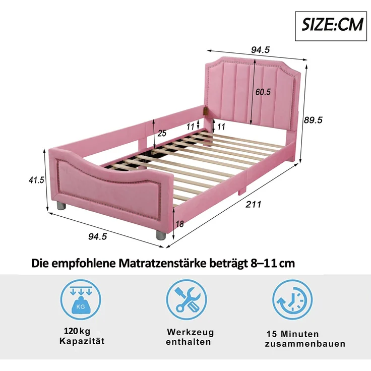 Kinder Polsterbett mit Bogendesign, Flanellbezug, dekorativen Nieten, weichem Rahmen, vielseitig nutzbar als Schlafsofa – Bild 5