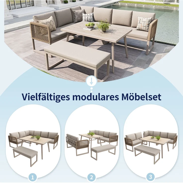 Merax Gartenmöbel Set mit Sitzkissen & Rückenkissen, Garten-Lounge-Set, Garten Loungesessel für 6-8 Personen, SetHandgeflochtene PE-Rattan Polstergruppe, Beige – Bild 6
