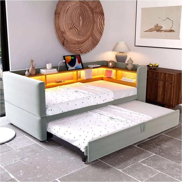 Odikalo Ausziehbett Polsterbett Jugendbett Stauraumbett Schlafsofa 90/180x190 Ablagefach – Bild 1