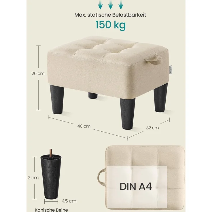 SONGMICS Fußhocker, Leinenimitat, Hocker klein, Dicke Polsterung, bis 150 kg belastbar, für Wohnzimmer Schlafzimmer Eingangsbereich, sandbeige-tintenschwarz LOM502LF01 – Bild 3