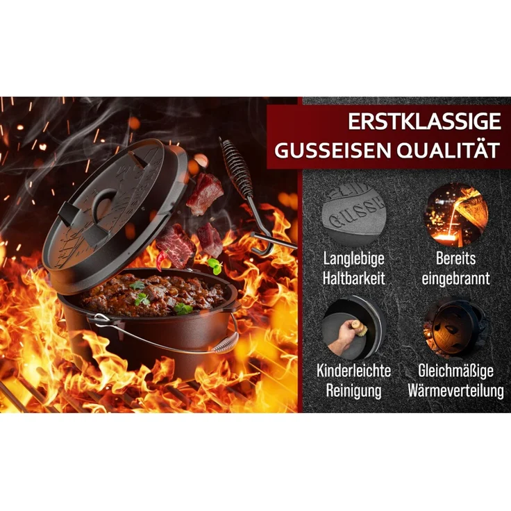 Dutch Oven 7 l mit Füßen – eingebrannt & sofort einsatzbereit, inkl. Deckelheber, Thermometerdurchführung, Rezeptbuch & Pflegeanleitung – Bild 7