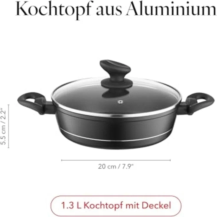 FLORINA Aluminium Topf (1,3 l) 20 cm I Kochtopf DELUX mit Glasdeckel I Messbecher & Antikratz-Beschichtung I Niedriger Topf mit Induktionsboden I Induktionsherd, Gasherd, Elektroherd (Schwarz) – Bild 2