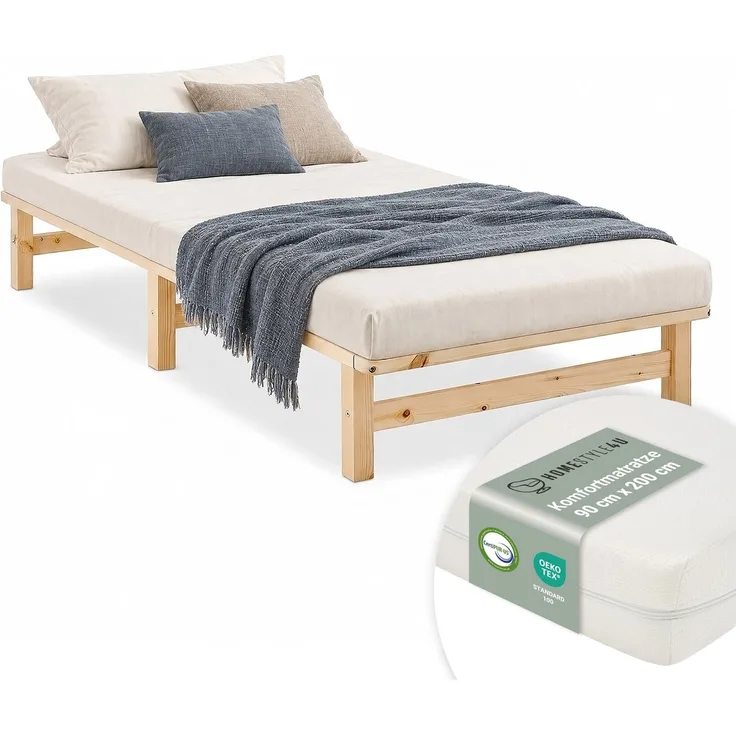 Holzbett 90x200 mit Matratze Holzbettrahmen Palettenbett Einzelbett Bett Massiv Holz Bettgestell