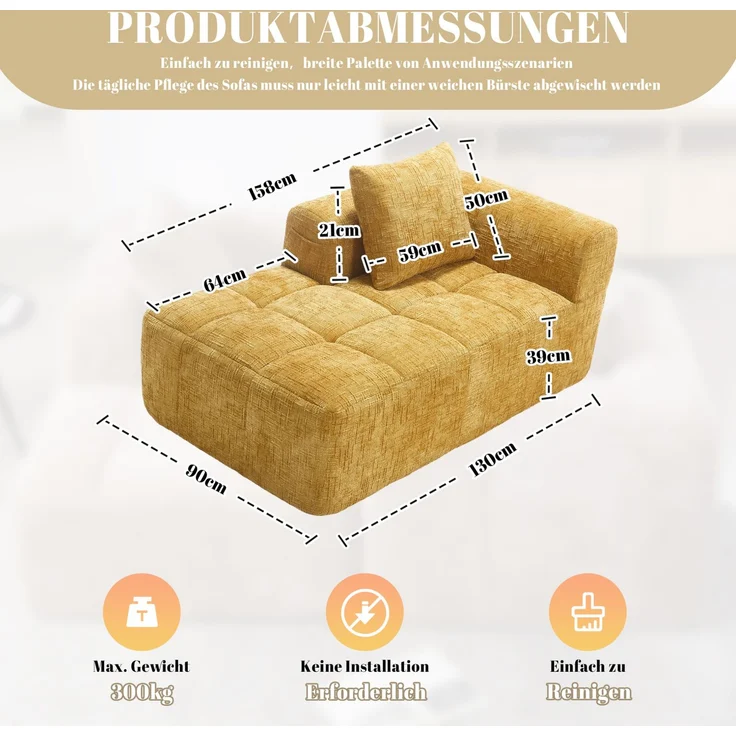 Chaiselongue-Sofa 158 x 90 x 60 cm in Gelb mit Seitentaschen und Kissen – Bild 4