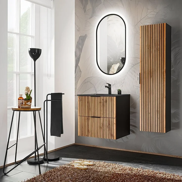 Badezimmer Hochschrank XANTEN-56 in anthrazit mit Eiche Nb. schwarz gerillt, B/H/T: ca. 35/140/25 cm – Bild 2