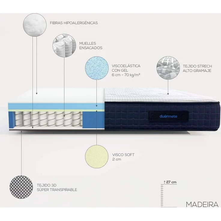 DUÉRMETE ONLINE Madeira Taschenfederkernmatratze + viskoelastische Matratze mit 7 Liegezonen, Unabhängigkeit, mittlere Härte, Viskose, 150x190 cm – Bild 3