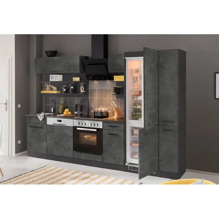 KOCHSTATION Küchenzeile KS-Tulsa, ohne E-Geräte, Breite 300 cm, schwarze Metallgriffe, MDF Fronten