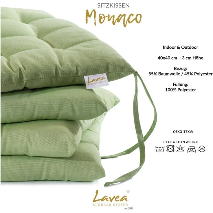 Lavea Stuhlkissen Lavea® Sitzkissen & Stuhlkissen 40x40 cm – 4er/8er Set, 40x40x3 cm, mit Stoffbändern, Indoor & Outdoor, für Garten & Balkon – Bild 3