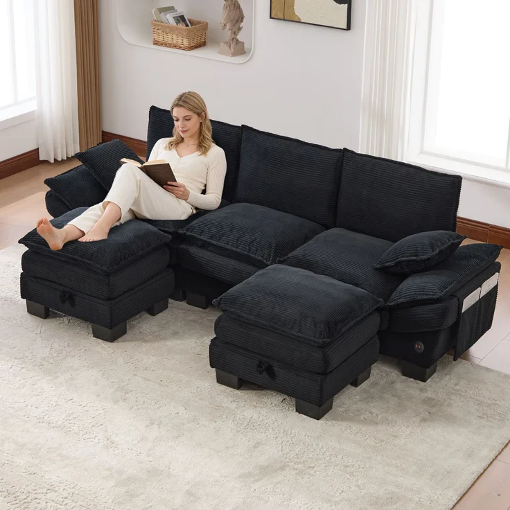 EINHOM Modulares 3-Sitzer Cordsofa (mit 2Hocker) – breite Sitzfläche, ergonomisches Design, hochdichte Schaumstoffpolsterung, USB-C-Anschluss und Seitentaschen. Ideal für Wohnzimmer, Büro oder Lounge. Schwarz – Bild 3