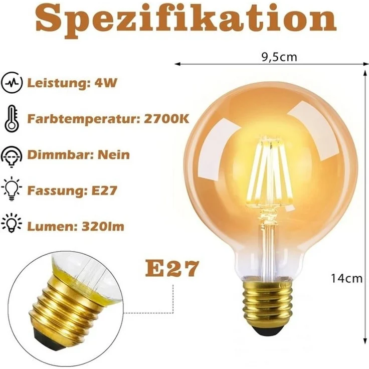 Nettlife LED-Leuchtmittel 2 Stück G95 LED Glühbirne E27 Vintage Warmweiß Filament, E27, 2 St, Warmweiß, für Haus Hotel Café Bar – Bild 4
