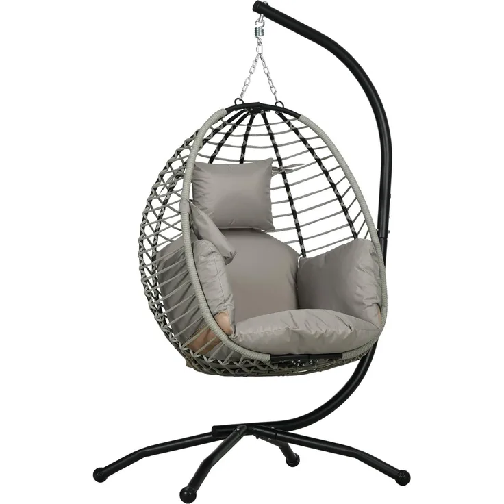 Outsunny Hängesessel Hängeschaukel mit Bechertasche, Klappbarem Sitzkorb (Korbsessel, 1-St, Schaukelsessel), für Garten, Wohnzimmer, bis 120 kg Belastbar, Stahl, Grau