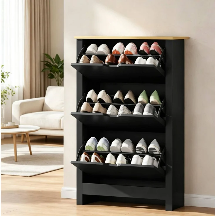 DESVIAE Garderobenschrank Schwarz aus Spanplatte – 72x112x26 cm – 3 Klapptüren – Bild 1
