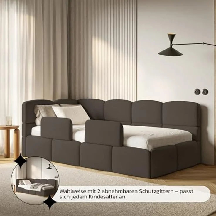 Selsey 'Cloudy' Kinderbett 120 cm, Bettkasten, 2x Rausfallschutz, Chenille, links, Braun – Bild 7
