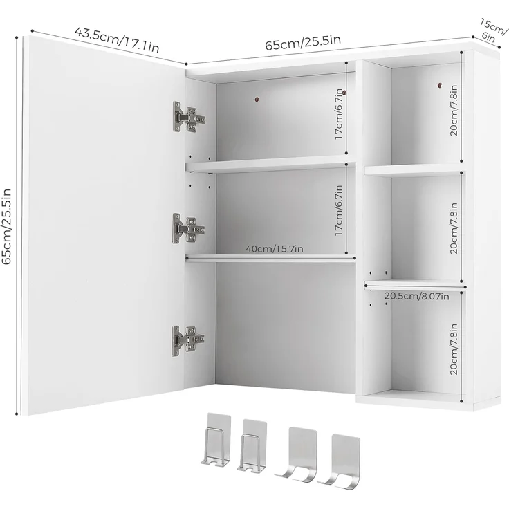 Mondeer Badezimmerspiegelschrank Badezimmerspiegel mit 1 Tür und 4 Haken verstellbare Ablagen, 65 x 15 x 65 cm, Weiß – Bild 3