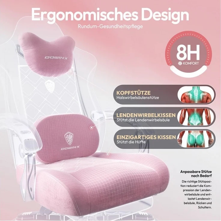 Dowinx Gaming-Stuhl Bürostuhl mit Beheizter Massage Lendenwirbelstütze (Packung), Gamer Stuhl Stoff mit Tasche Frühling Kissen und Fußstütze – Bild 3
