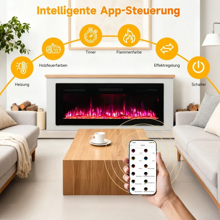 HOMAVO Elektrokamin mit Schrank, 50" 1000/2000W Elektrokamin mit Heizung, 3D-Flammeneffekt, Schrankgröße: 150 x 30 x 60 cm, Fernbedienung & App-Steuerung – Bild 3