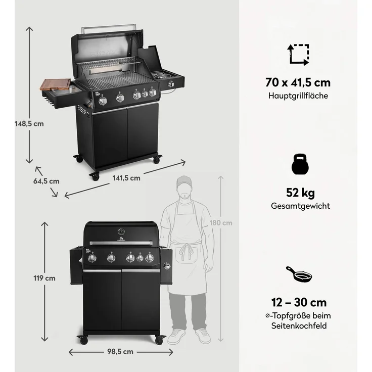 BURNHARD® 'Big FRED Deluxe' Gasgrill, 4-Brenner, Infrarot-Keramikbrenner, Seitenkochfeld, 70 × 41,5 cm Grillfläche – Bild 3