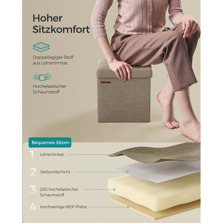 Songmics Sitzhocker mit Stauraum, faltbarer Hocker, Leinenimitat / MDF kamelbraun, 30 x 30 x 30 cm – Bild 5