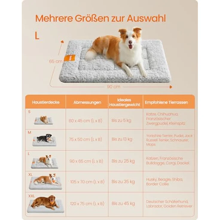 Feandrea Hundedecke, Haustier Decke, für Hunde, Katzen, 90x65 cm, L, maschinenwaschbar, trocknergeeignet, rutschfest, hellgrau PPB002G01 – Bild 6