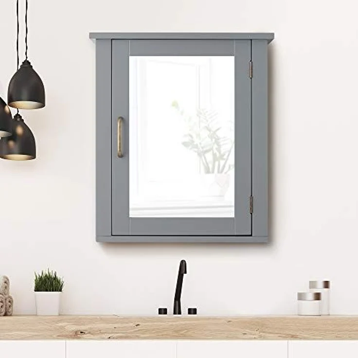 Teamson Home Badezimmermöbel aus Holz an der Wand verspiegelter Medizinschrank mit verstellbarem Regal Grau EHF-F0021 – Bild 4