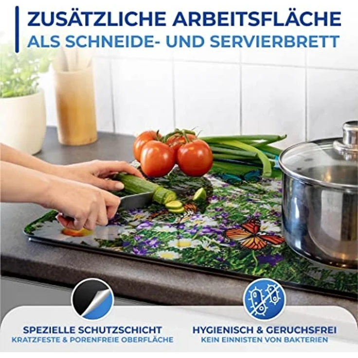 Maximex Schneide- und Abdeckplatte Sommerwiese, Glas, 56x50cm,vielseitig einsetzbar,mobil,Schneidebrett/Wandspritzschutz – Bild 6