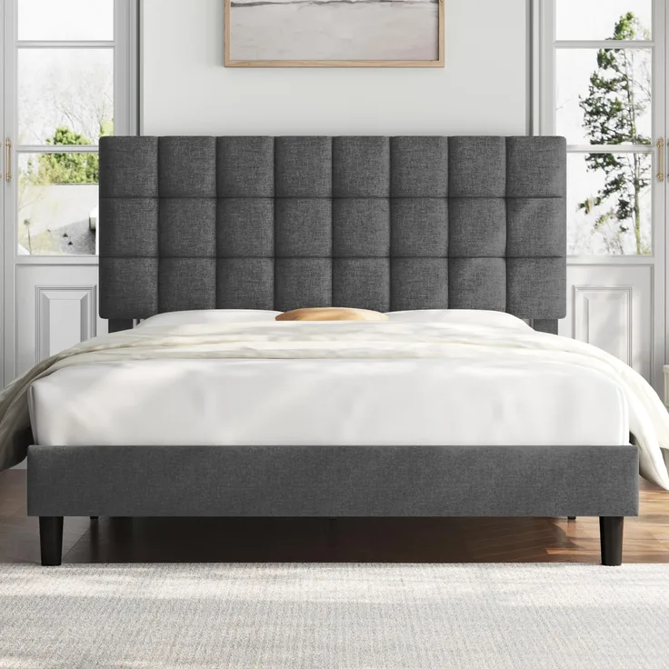 Yaheetech 160 x 200 cm Doppelbett, Stabiler Bettrahmen mit höhenverstellbarem Kopfteil, Gepolstertes Bett Bettgestell mit Lattenrost – Dunkelgrau